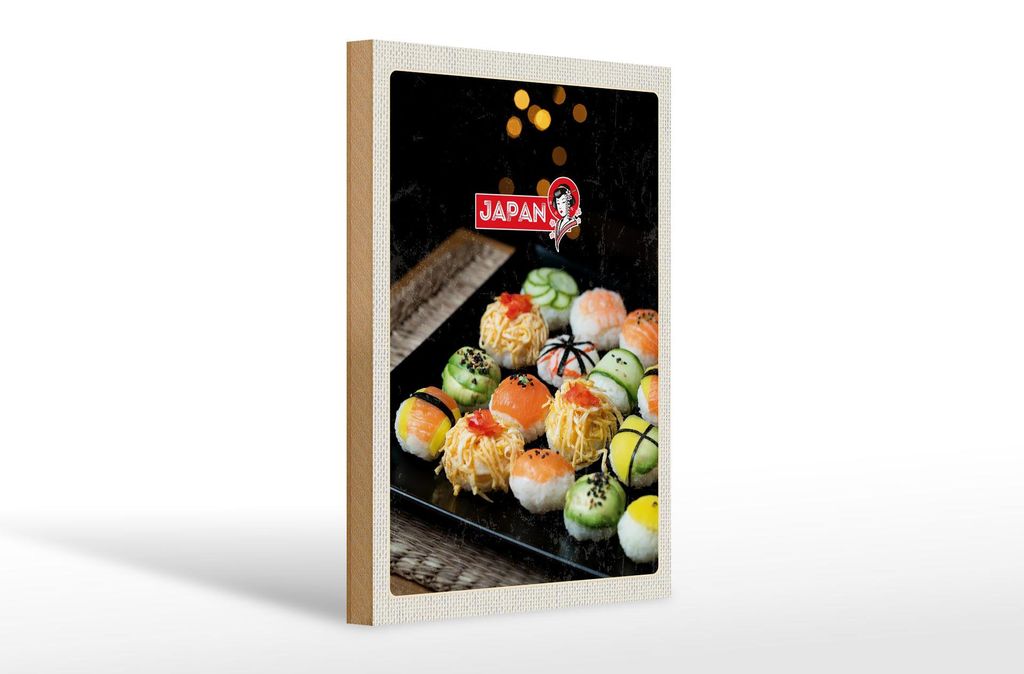 Holzschild Reise 20x30cm Japan Asien Sushi Fisch Gurke Avocado