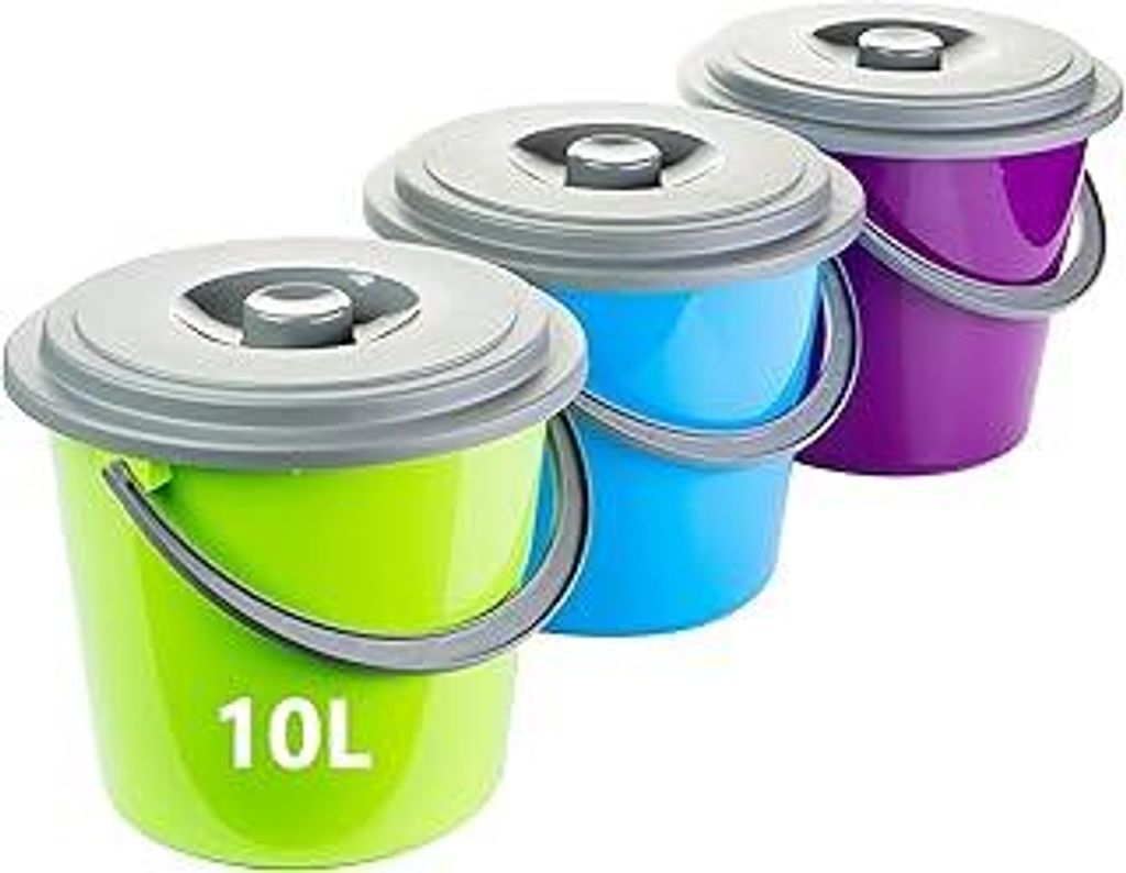 3er Set Eimer mit Deckel 10l, Lebensmittelechter Putzeimer als Haushaltseimer, Robuster 10 Liter Kunststoff Mehrzweckeimer für Haushalt, Garten & ...