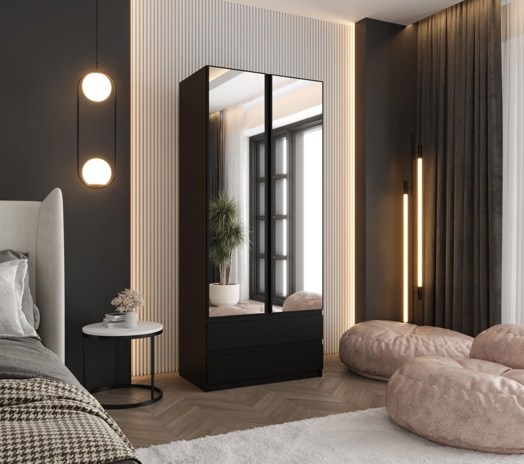 Drehtürenschrank 190x70x48 cm Schwarz mit 2 Spiegeln und 2 Produktbild 