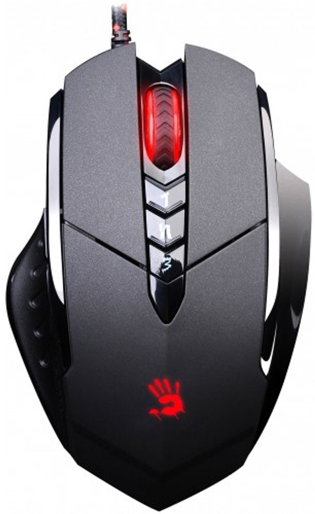 A top-down view of a gaming mouse.