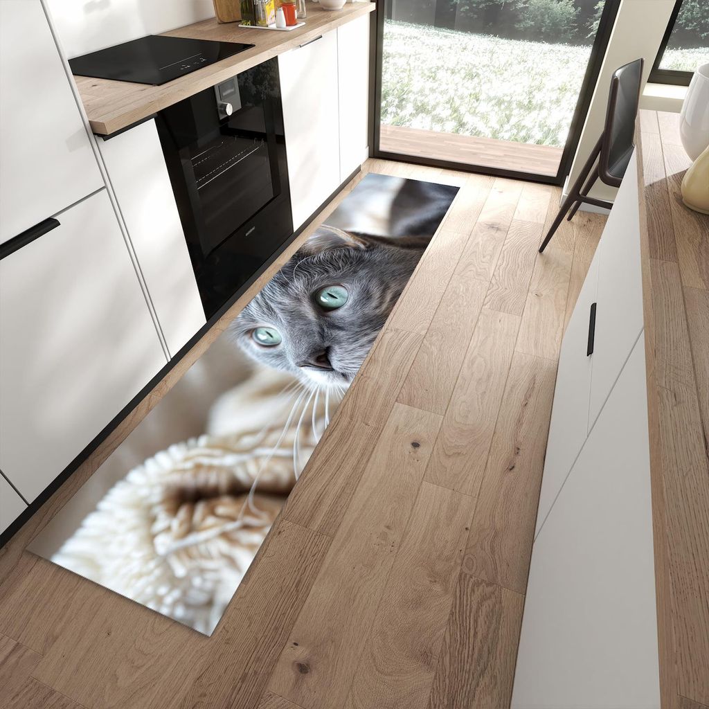 Küchenteppich 60x270cm rutschfest & abwischbar PVC Läufer - Kuschelige Katze