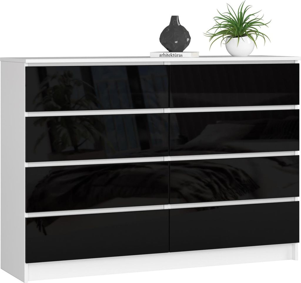 Kommode – Sideboard – Schubladenkommode – 138 cm – Weiß / Schwarz Hochglanz – Funktionaler Stauraum im modernen Design
