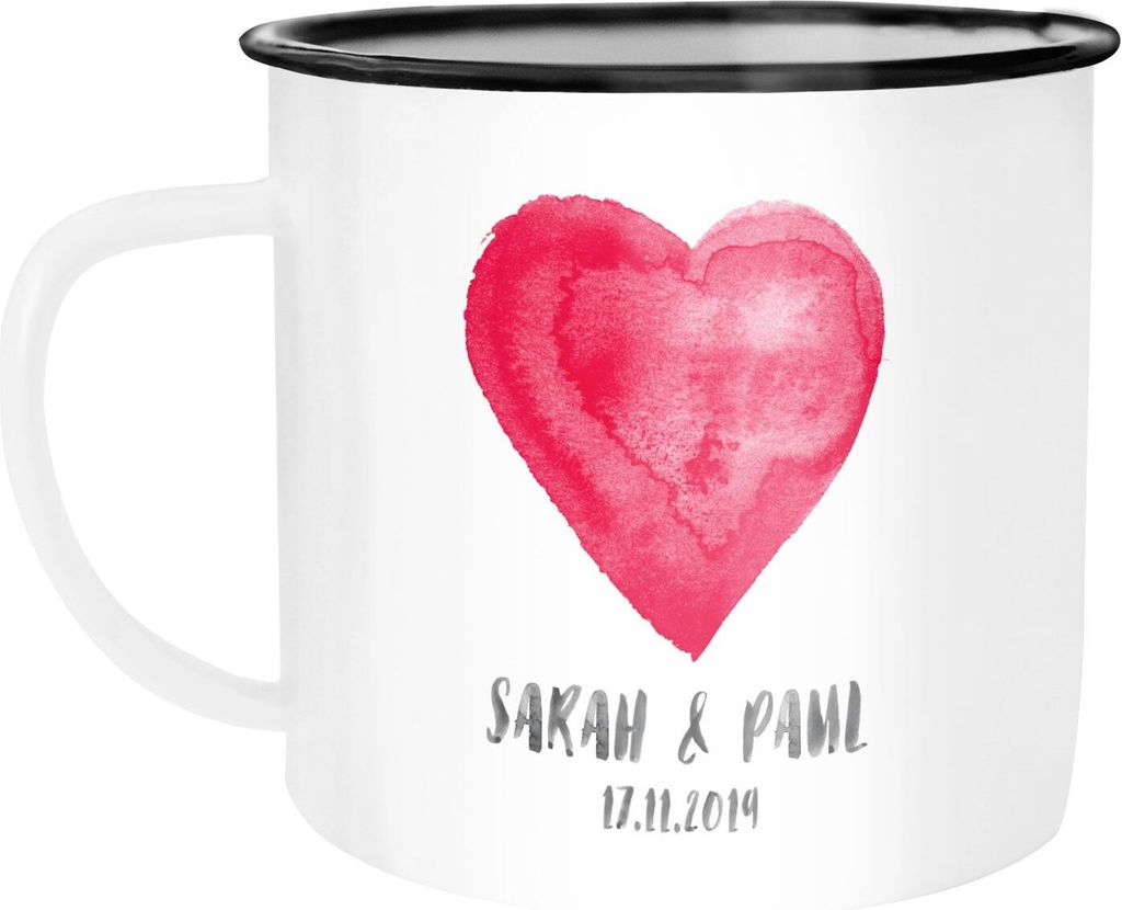 Emaille-Tasse mit zwei Namen Datum Herz personalisierte Geschenke Hochzeitsgeschenk Geschenk Liebe SpecialMe weiß-schwarz Emailletasse