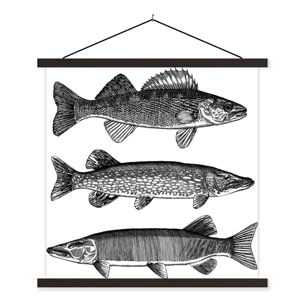 MuchoWow Textilposter Eine Illustration von drei Fischen 120x120 cm mit schwarzem Rahmen - Aufhängungsset