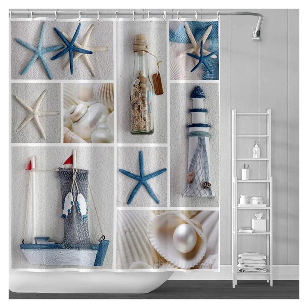 Duschvorhang im maritimen Design mit Seesternen und Muscheln, 90x183 cm, Polyester mit Haken
