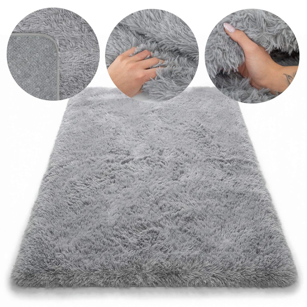 Domarex Softique Shaggy Teppich Eco Fur Hochflor Teppich Mit Antirutsch Flauschiger Wohnzimmerteppich, 120x70 cm / Grau