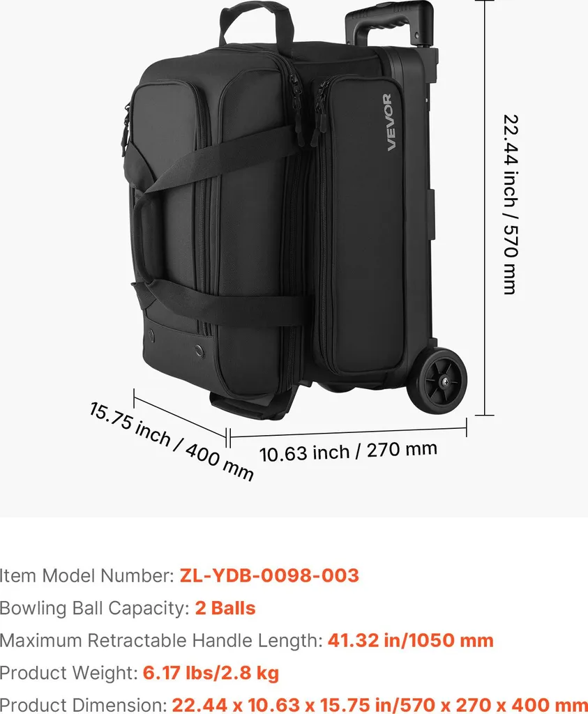 Sac de bowling à roulettes pour 2 boules avec poignée télescopique 105cm