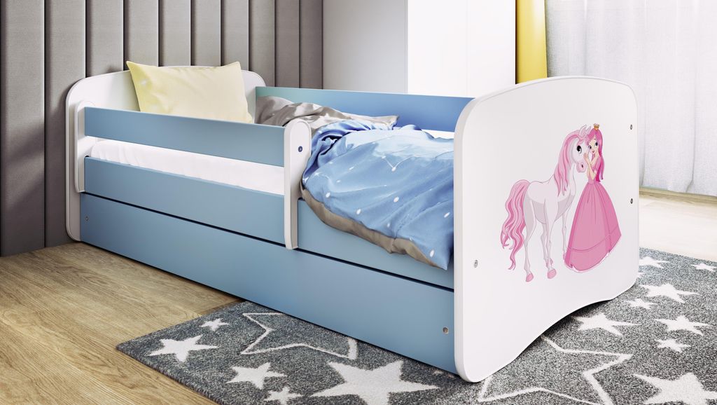 Kinderbett Jugendbett Prinzessin Pferd 70x140, 80x160, 80x180 cm - Komplettset mit Matratze, Schublade & Rausfallschutz