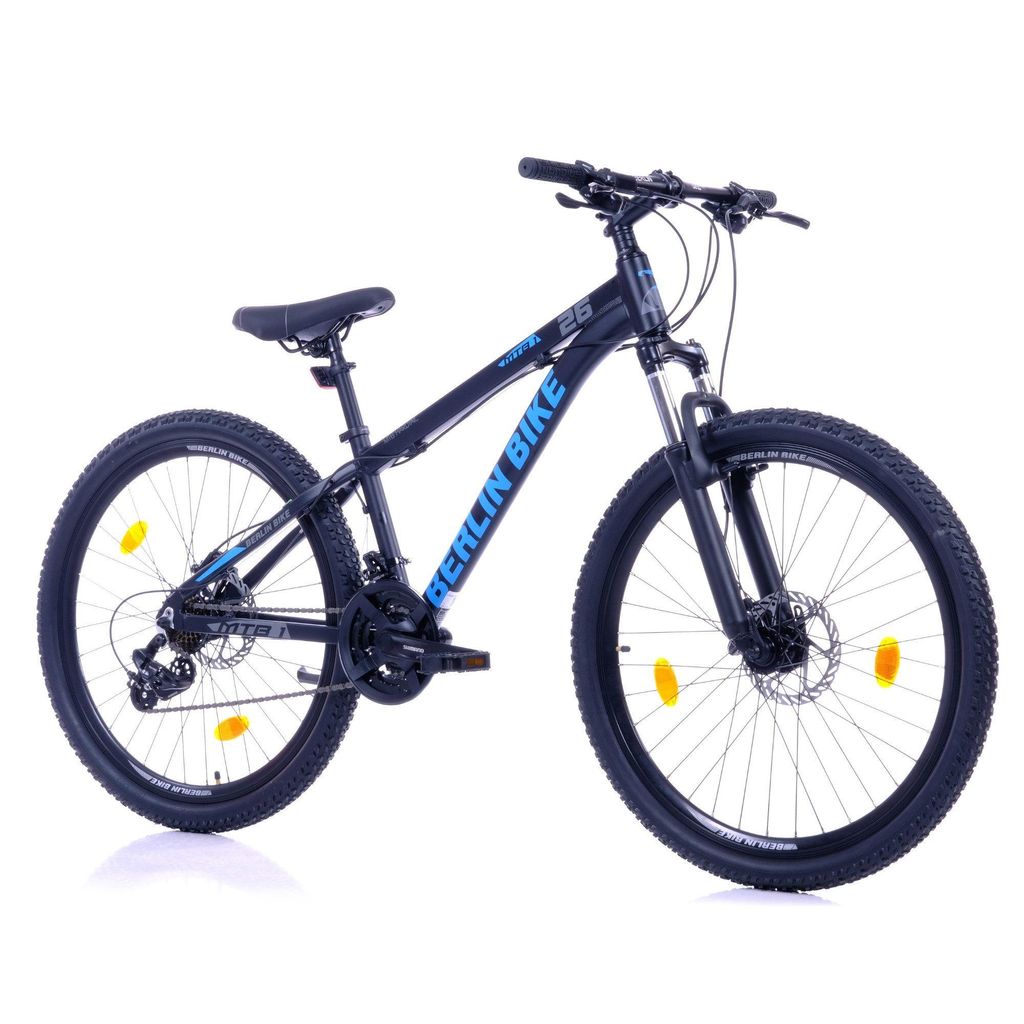 BERLIN BIKE Mountainbike MTB1: 26 Zoll und 38 cm Rahmenhöhe, Hydraulische Scheibenbremsen & Shimano-Set, Schwarz-Blau