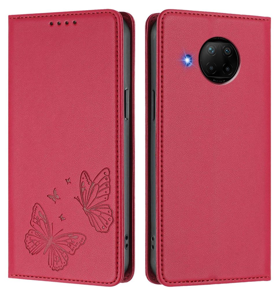 Lederhülle für Xiaomi Mi 10T Lite, Schmetterling Prägung Leder Brieftasche Schutzhülle mit Ständer Rot
