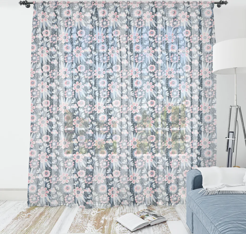 Telo Arredo Parete ABAKUHAUS Fiori Blu-Grigio Rosa | Satin 274 cm