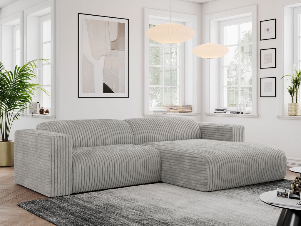 MKS MEBLE Ecksofa Cord, Sofa Cord L-Form, Wohnlandschaft L-Form, Modern Design Couch, Sofagarnitur, Couchgarnitur, Polsterecke - PASADENA - Hellgra...