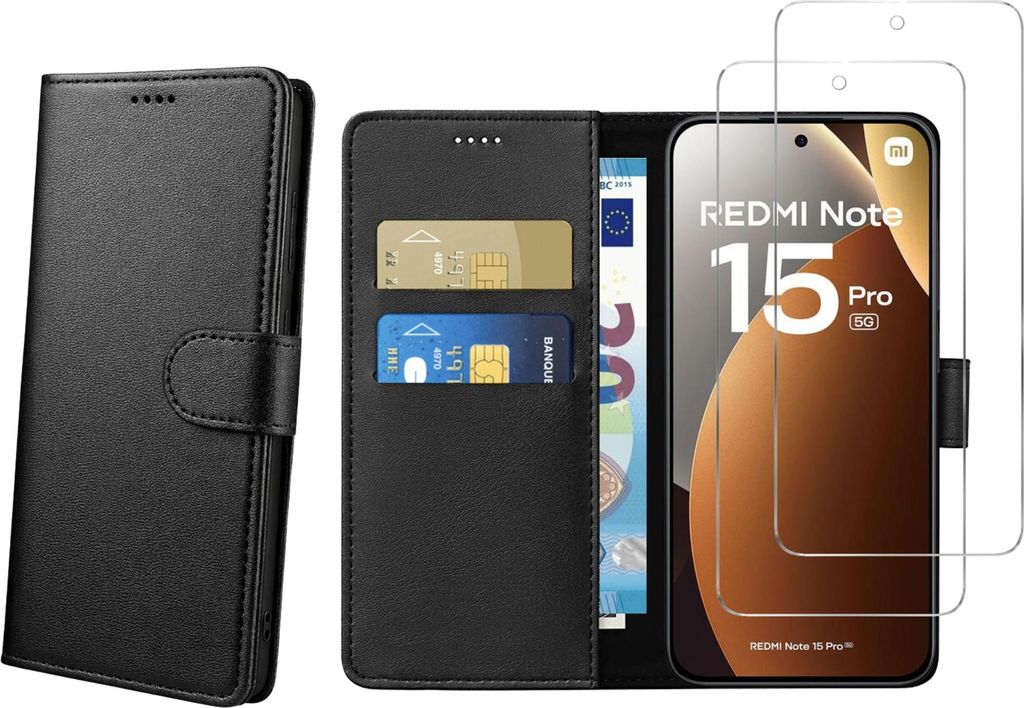 Hülle für Xiaomi Redmi Note 15 PRO 5G und 2 gehärtete Gläser – Schwarze Brieftasche mit Klappverschluss und Magnetverschluss zur Aufbewahrung...
