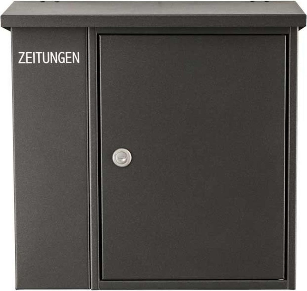A dark gray mailbox with a newspaper compartment.