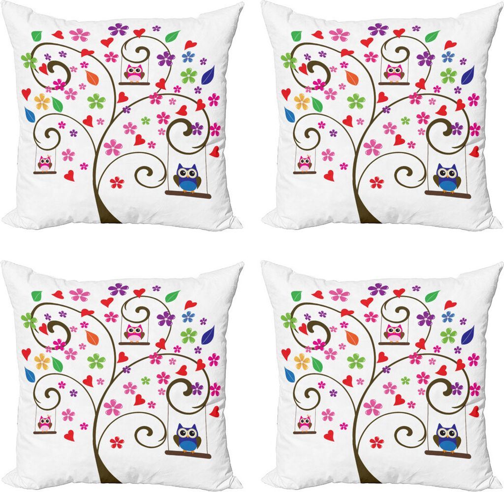 ABAKUHAUS Eulen Kissenbezug Set (4 Stück), Baum-Blumen Spielerisch Vögel, Moderner Doppelseitiger Digitaldruck, 60 cm x 60 cm, Mehrfarbig