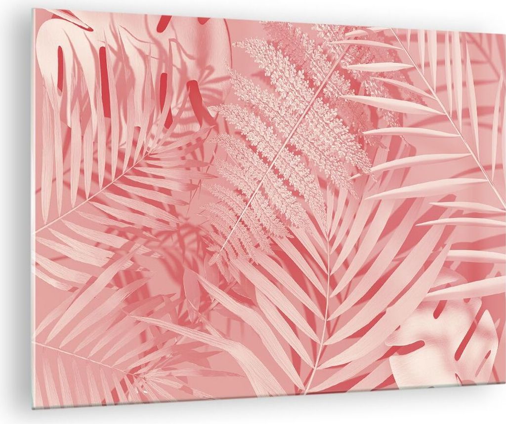 Bilder auf glas - Einteilig - Rosa Blätter Palmen - 70x50cm - Glasbilder - Wandbilder - Bilder - zum Aufhängen bereit - Wanddekoration aus Glas -...