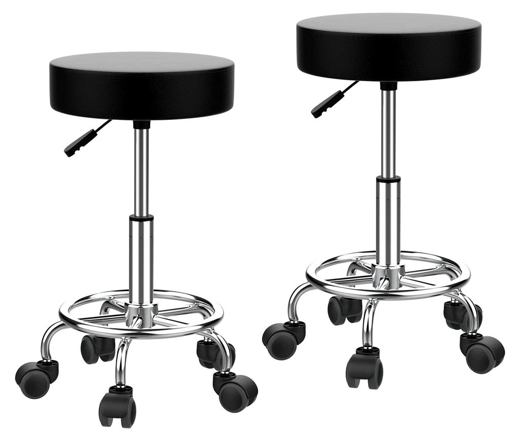 2er-Set runde Arbeitshocker aus Kunstleder, drehbar, Rollhocker, 360° schwenkbar, höhenverstellbar von 48 bis 65 cm, für Büros, Salons, Massage...