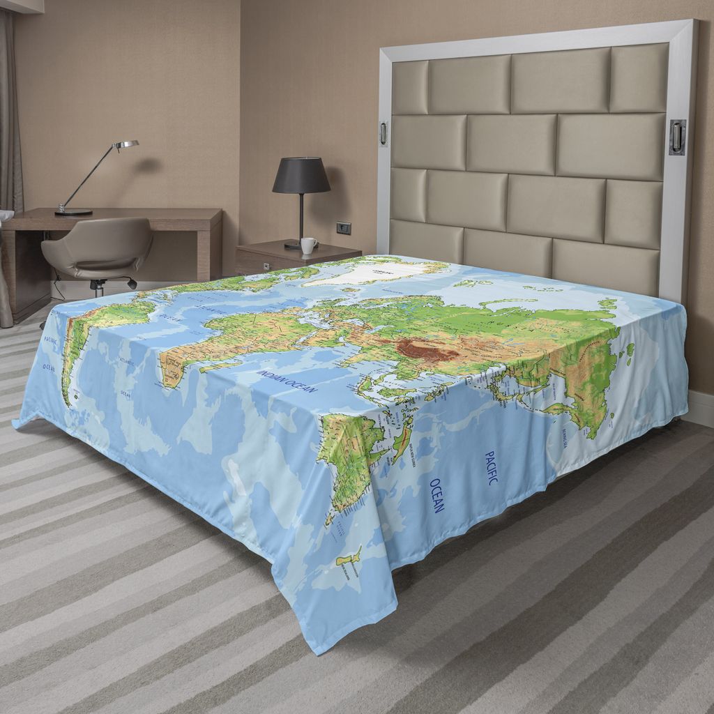 ABAKUHAUS Weltkarte Bettlaken, Topographische Karte Welt Kontinente Gelände Länder Ozeane Meer Berge Bildung, weiches bequemes oberes Bettlaken f...