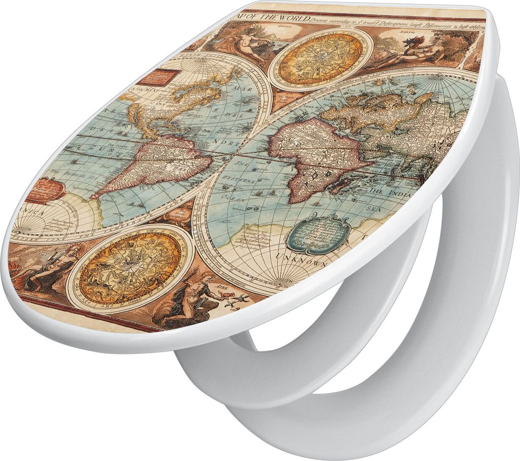 banjado Familien WC Sitz mit Absenkautomatik 37x44,5x5cm -Historische Weltkarte - Klodeckel/Klobrille mit kindersitz aus hochwertigem Polypropylen ...
