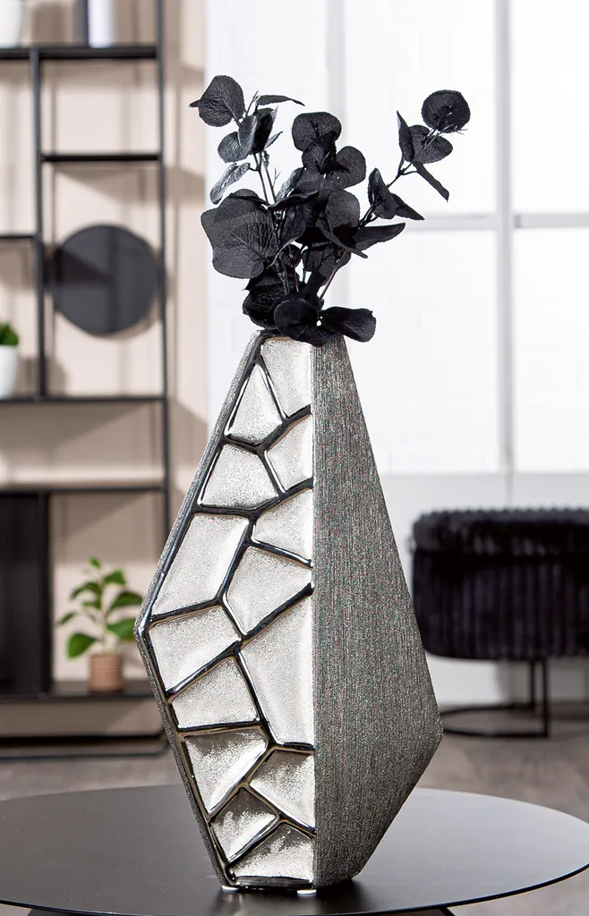 Vase argenté au design géométrique en céramique Lissabon 36cm