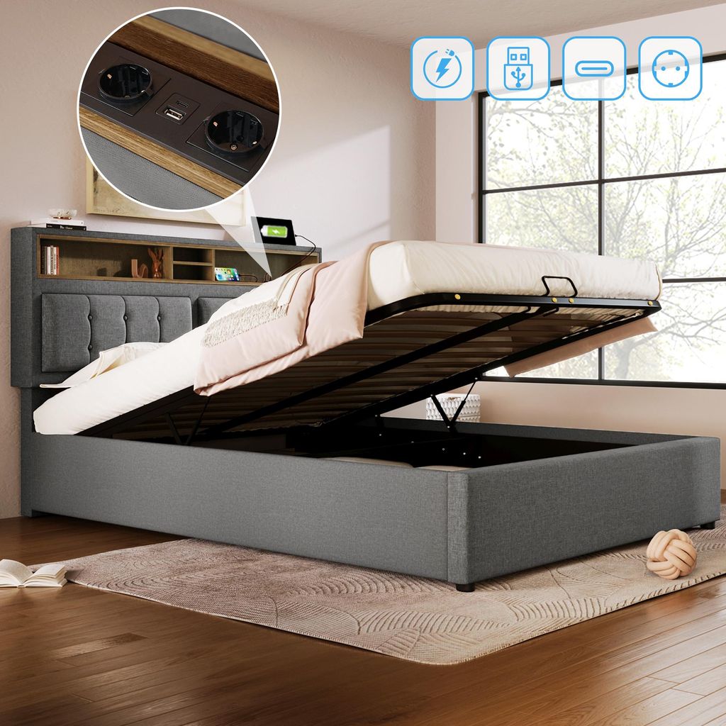 Polsterbett Doppelbett mit USB C Steckdose Ladefunktion Kopfteil, Jugendbett 140x200 mit lattenrost(Ohne Matratze)