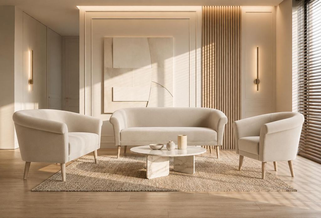 Sofa Set 3+2+1 Espero III Samt Velours Beige (Riviera 21) – Polstergarnitur mit 3-Sitzer Sofa, 2-Sitzer Sofa und Sessel