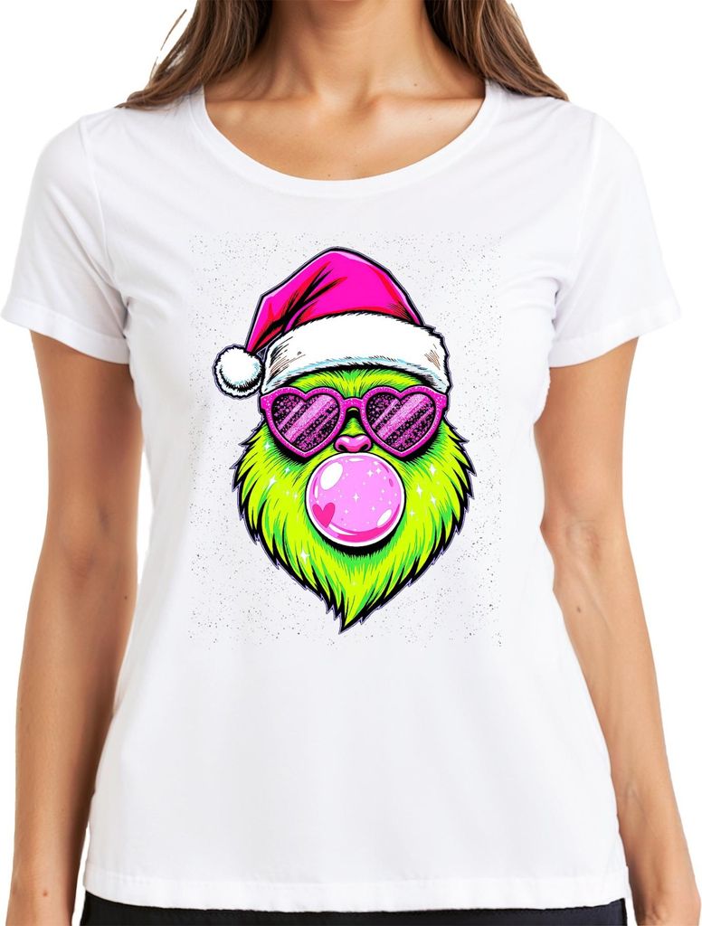 Grinch Weihnachten Bubblegum Herzbrille Neon Kawaii Santa PopArt Damen T-Shirt, Weiß, XXL