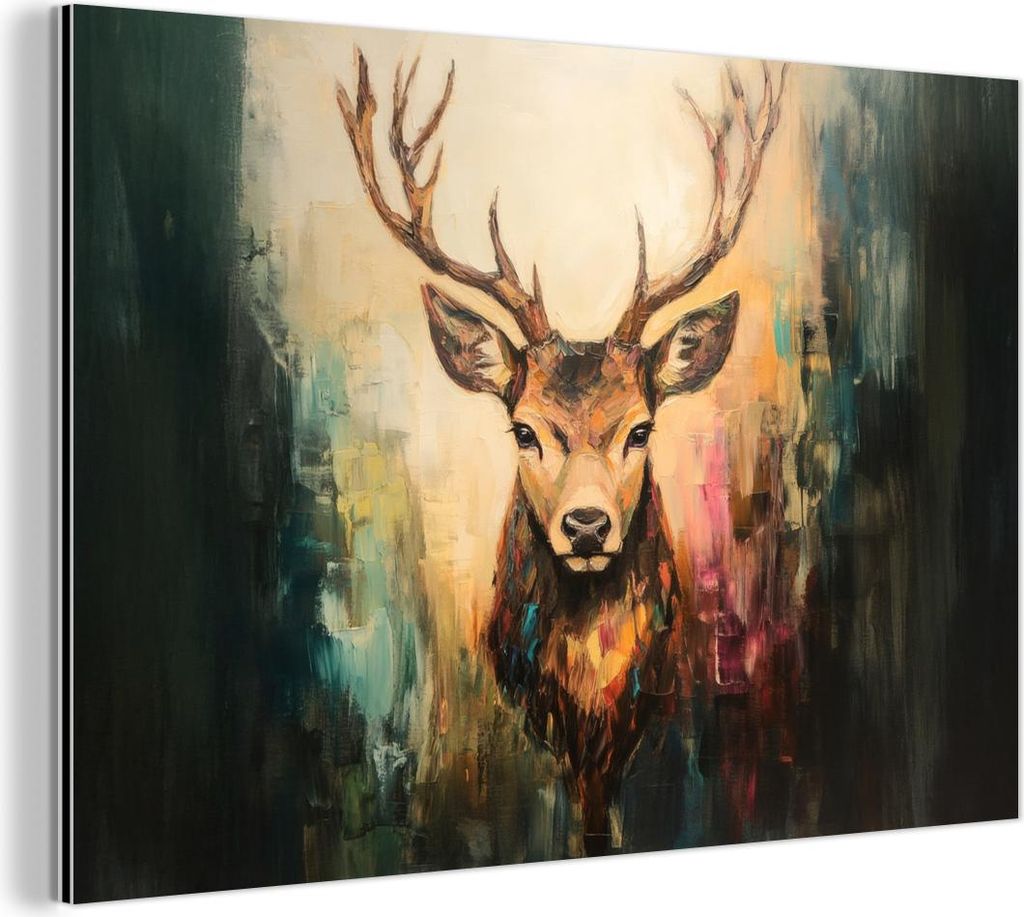 MuchoWow Wanddekoration Metall Metallbild Wandkunst 30x20 cm Hirsch - Gemalt - Geweih - Braun MuchoWow Aluminium Gemälde - Aluminiumgemälder