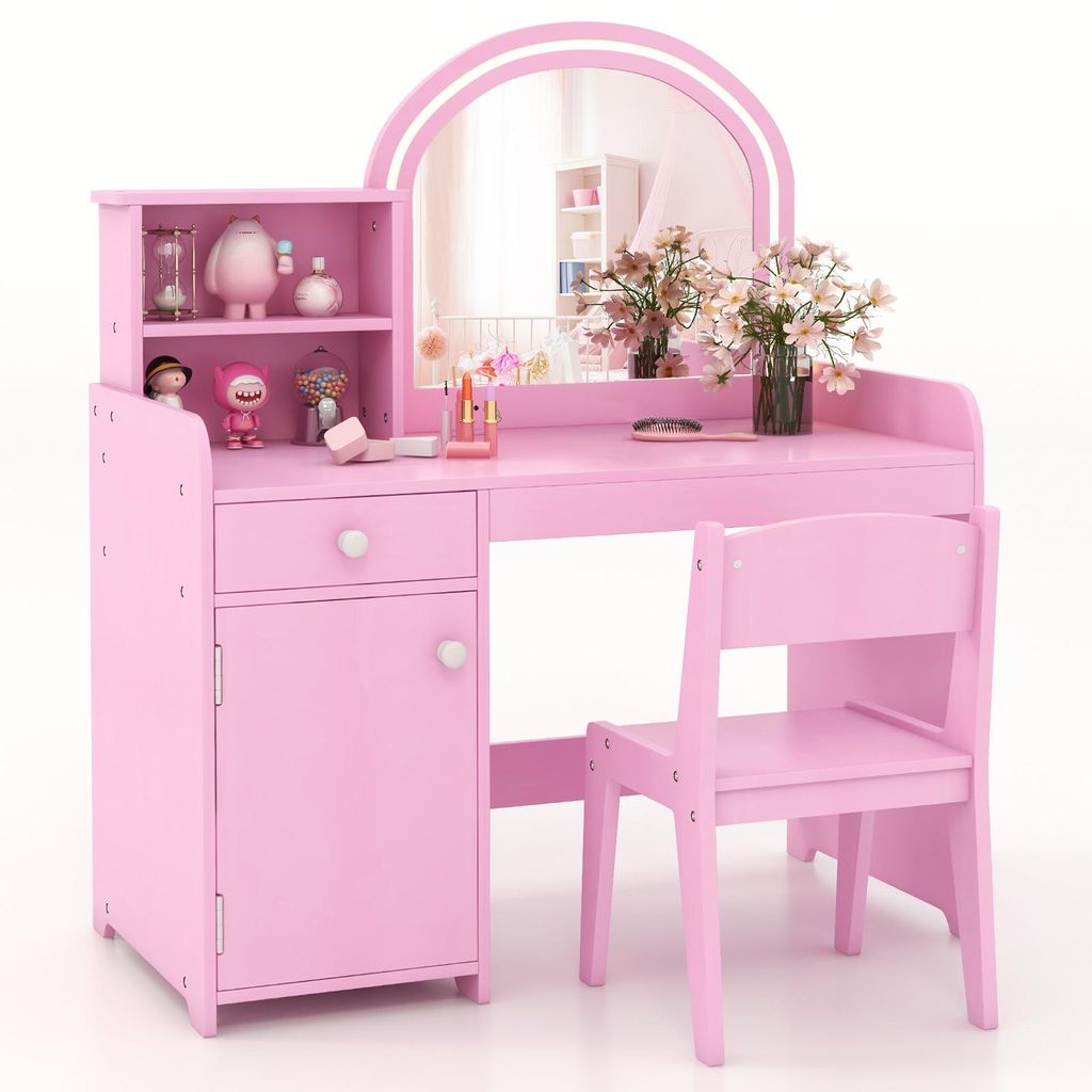 A pink children's vanity set with a mirror, drawers, cabinet, and a stool, displayed against a white background.