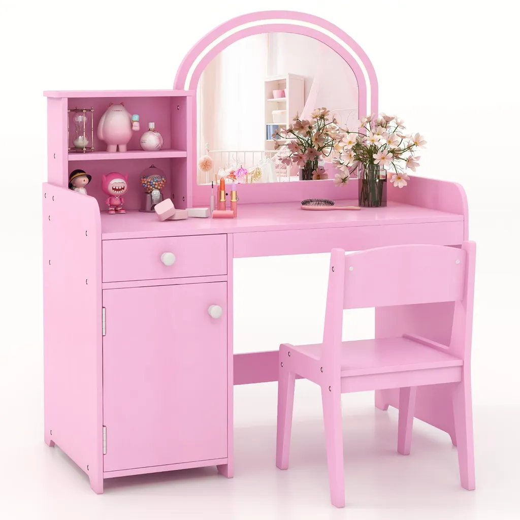 COSTWAY Specchiera Trucco Bambina Rosa con Sgabello e Luci LED