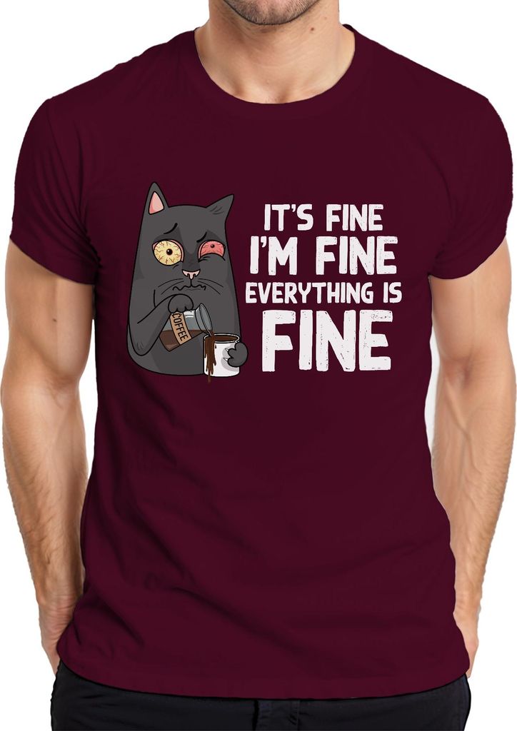 Lustige Katze Kaffee Spruch Im Fine Morgenmuffel Humor Stress Herren T-Shirt, Burgundy, S