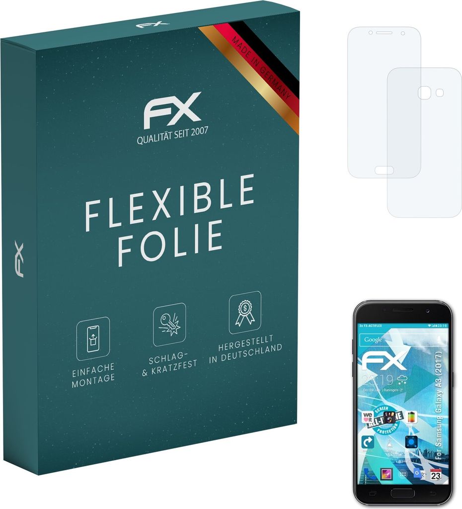 atFoliX FX-ActiFleX 3x Schutzfolie kompatibel mit Samsung Galaxy A3 (2017) Folie