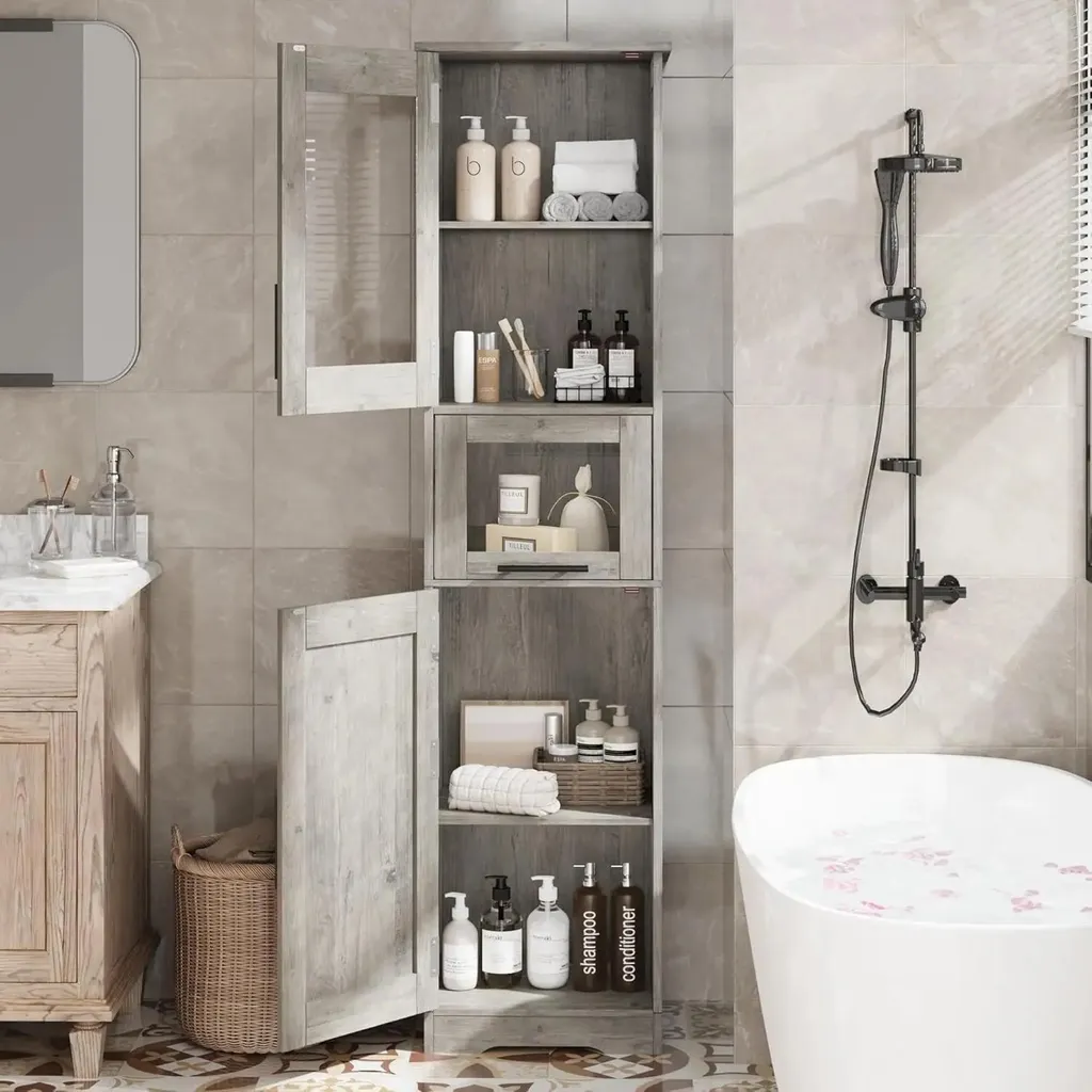Armoire de rangement grise avec tablettes modulables - Structure en bois