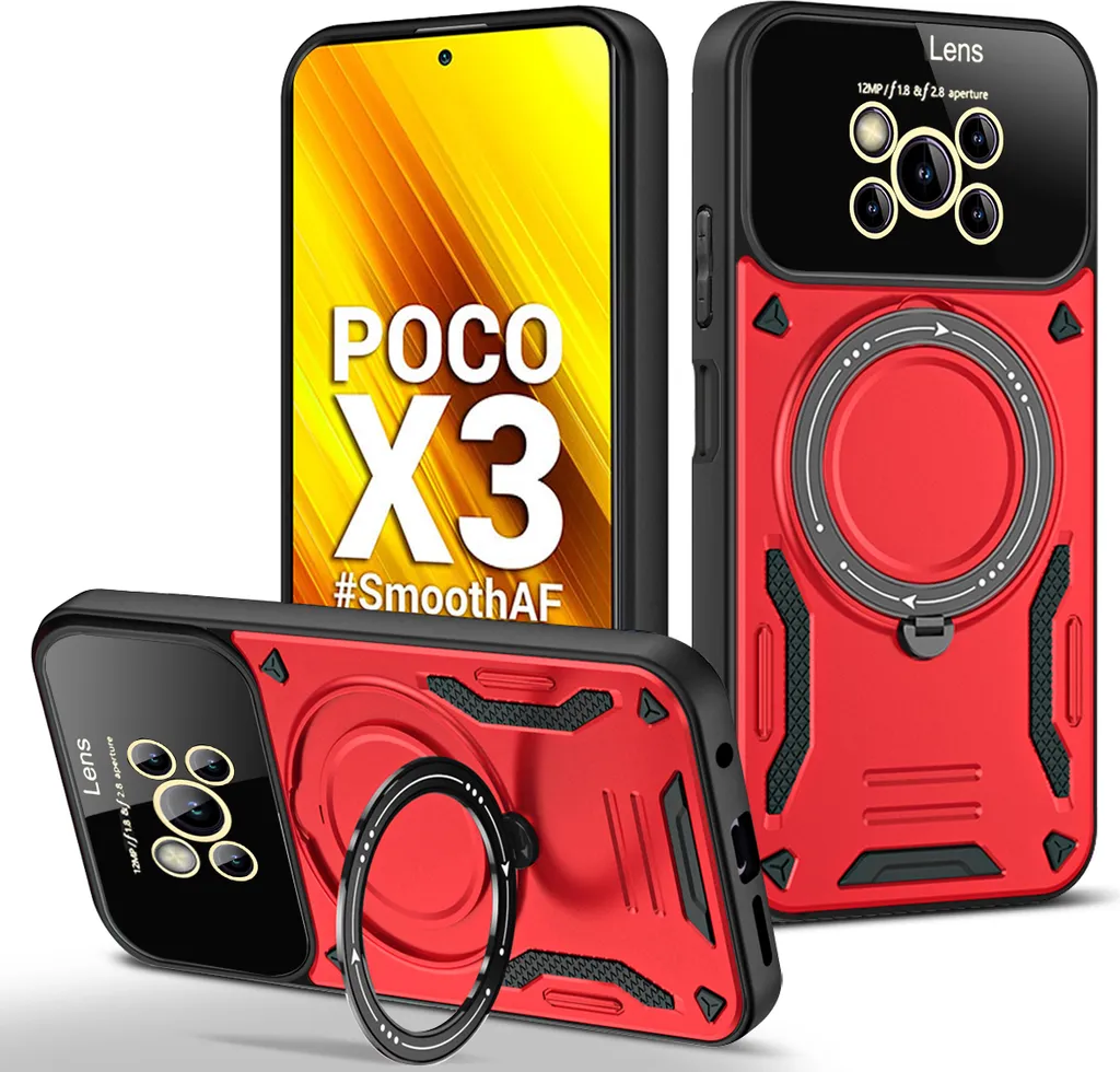 Custodia resistente per Xiaomi Poco X3 NFC / X3 Pro, custodia a due strati con supporto ad anello e supporto rosso - 1