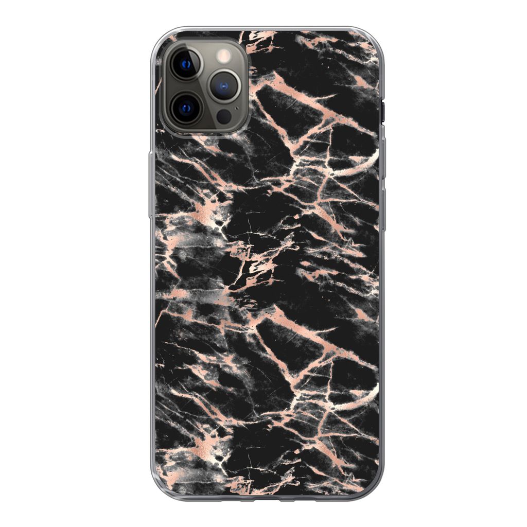 MuchoWow Handyhülle Schutzhülle Hülle für iPhone 12 Pro Max Roségold - Marmor - Muster - Schwarz Silikon Softcase Handy Hülle - Hartschale