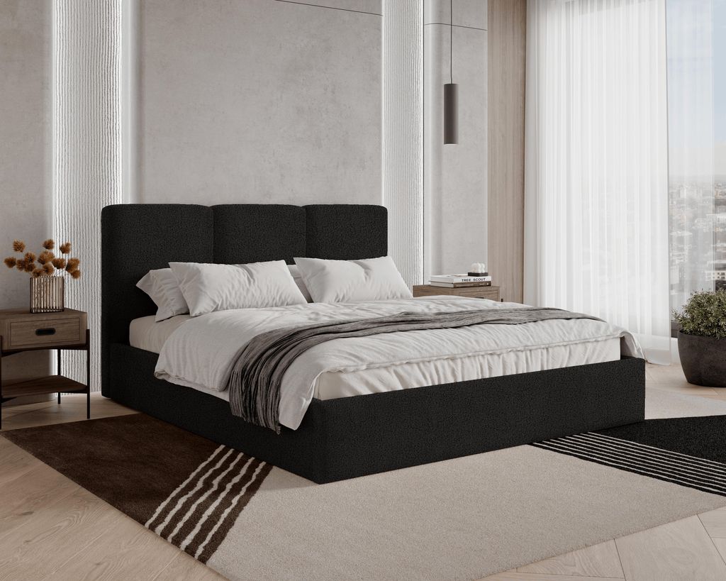 BESILIO Polsterbett 140x200 Mira Bouclé – Bett mit Bettkasten und Holzlattenrost, modernes Stauraumbett Schlafzimmer, Bouclé Stoff – Schwarz