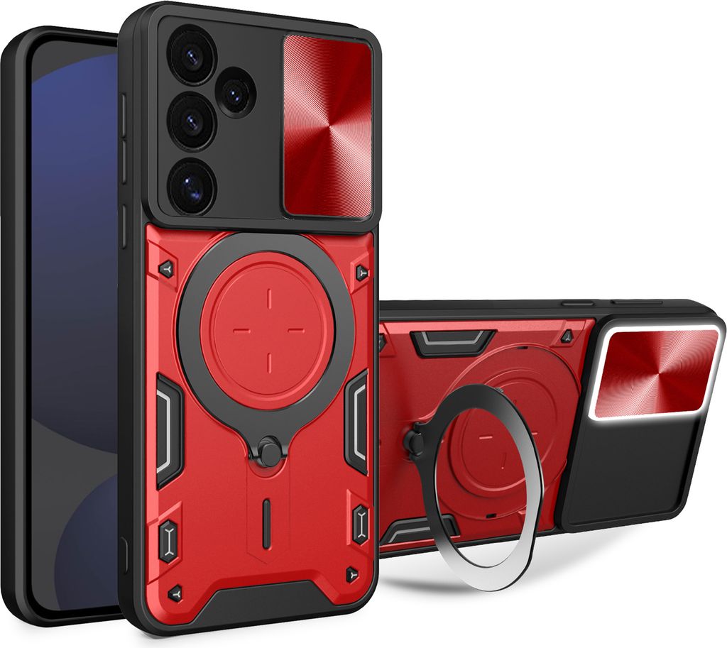 Handyhülle für Samsung Galaxy S24 FE Dual-Layer Stoßfest Rüstung Hülle mit Dia Kameraschutz und Kreisförmig Ring Ständer Rot
