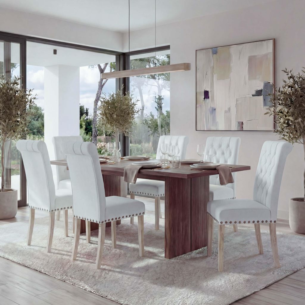 6er-Set Esszimmerstuhl MCW-O66, Küchenstuhl Polsterstuhl, Chesterfield Nieten Stoff/Textil weiß