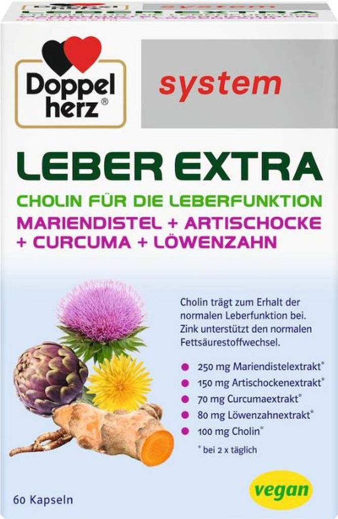 Doppelherz system Leber Extra Kapseln mit Mariendistel, Artischocke und Curcuma zur Unterstützung der Leberfunktion, 60 St. Kapseln