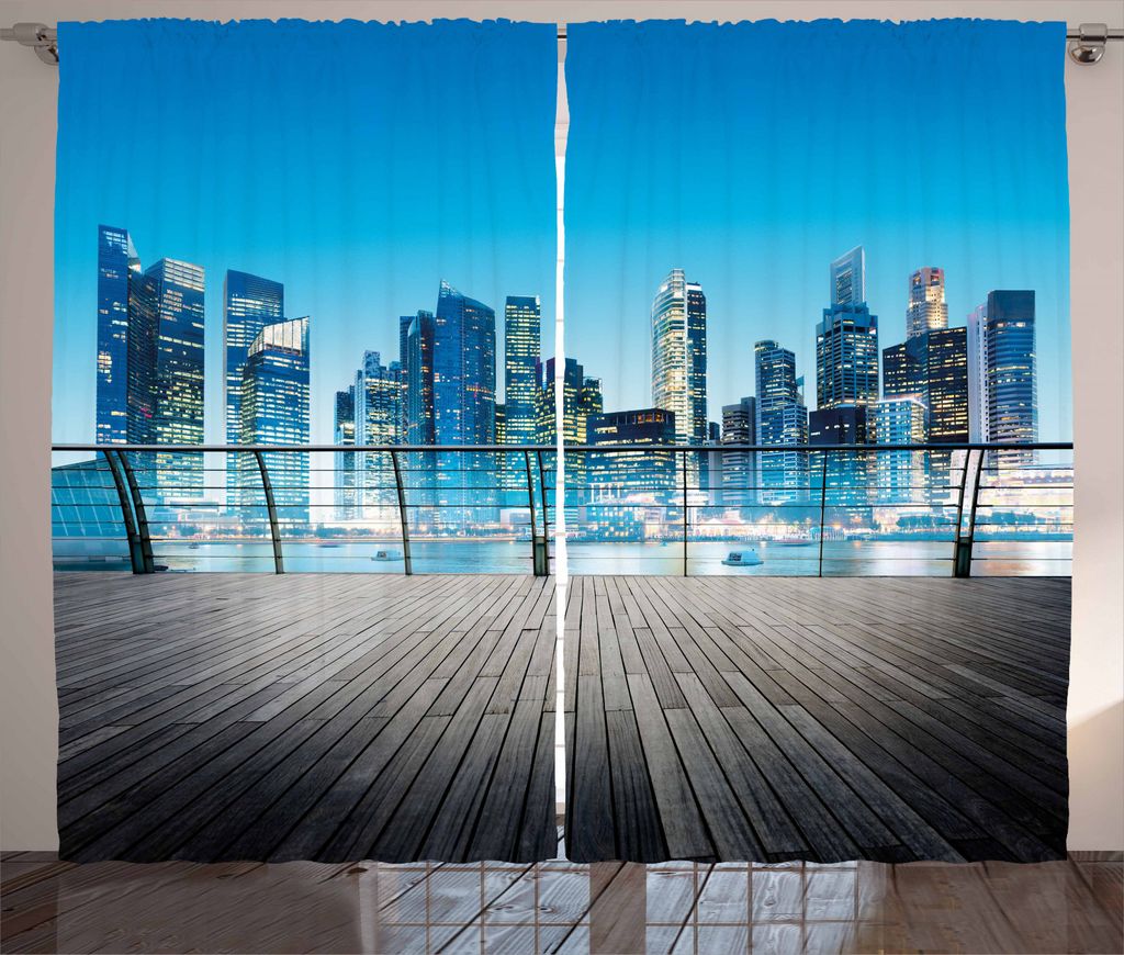 ABAKUHAUS Stadt Rustikaler Gardine, Verschwommen Wolkenkratzer Meer, Schlafzimmer Kräuselband Vorhang mit Schlaufen und Haken, 280 x 245 cm, Blass...