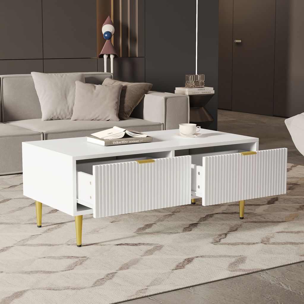Sweiko Moderner weißer Couchtisch mit goldenen Akzenten, 2 Schubladen, vertikales Streifendesign, 100x50x40cm, Wohnzimmer Couchtisch, Sofa Kurzsch...