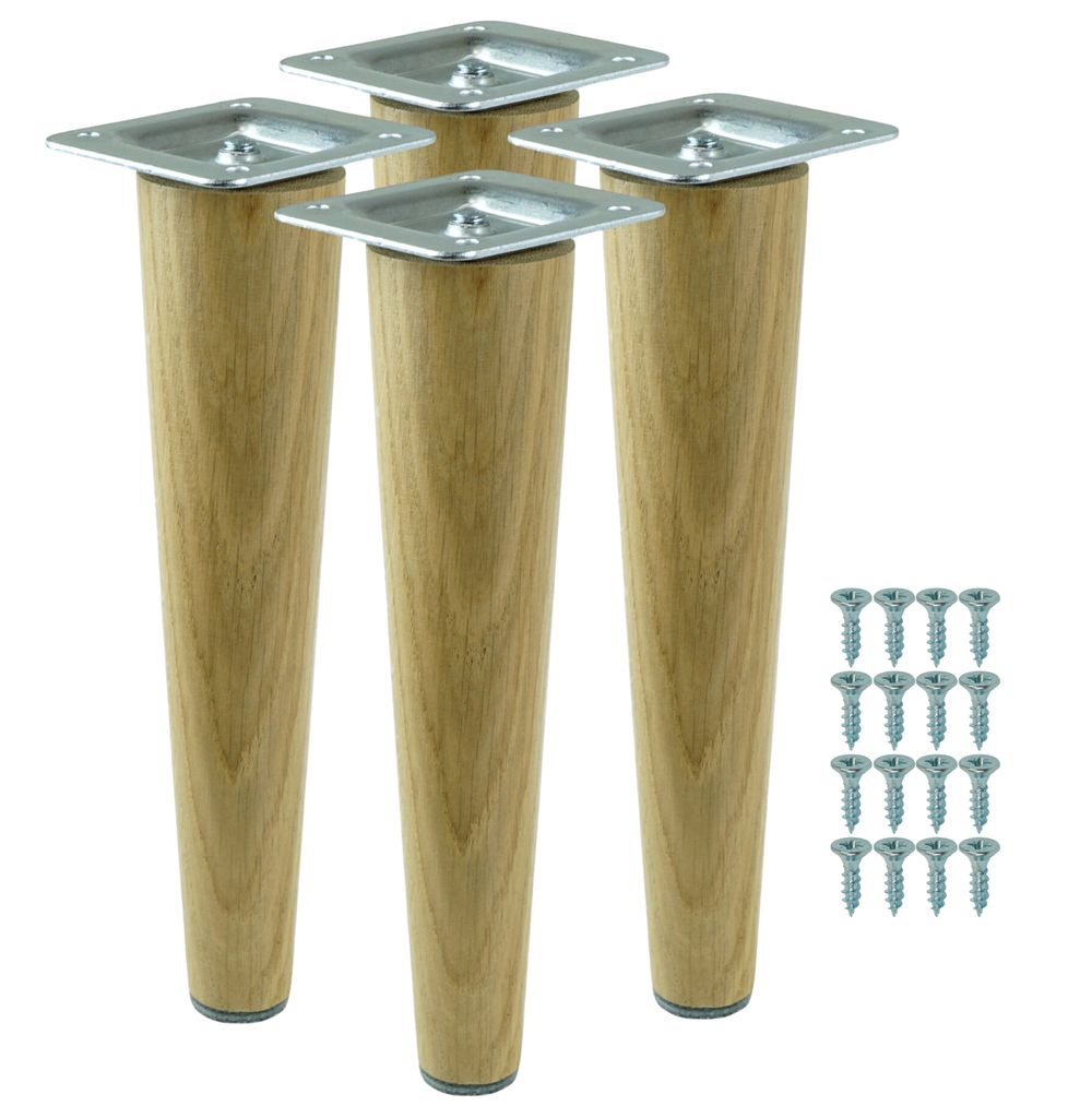 Four wooden furniture legs with metal mounting plates and a set of screws.