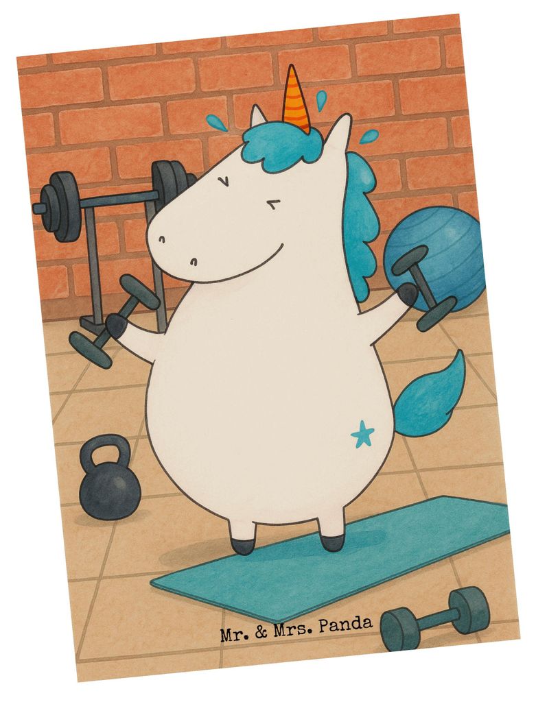 Mr. & Mrs. Panda Ansichtskarte Einhorn Fitness Design - Weiß - Geschenk, Einhörner, bildkarte, Sixpack, Ansichtskarten, Unicorn, Sport, Postkarte...