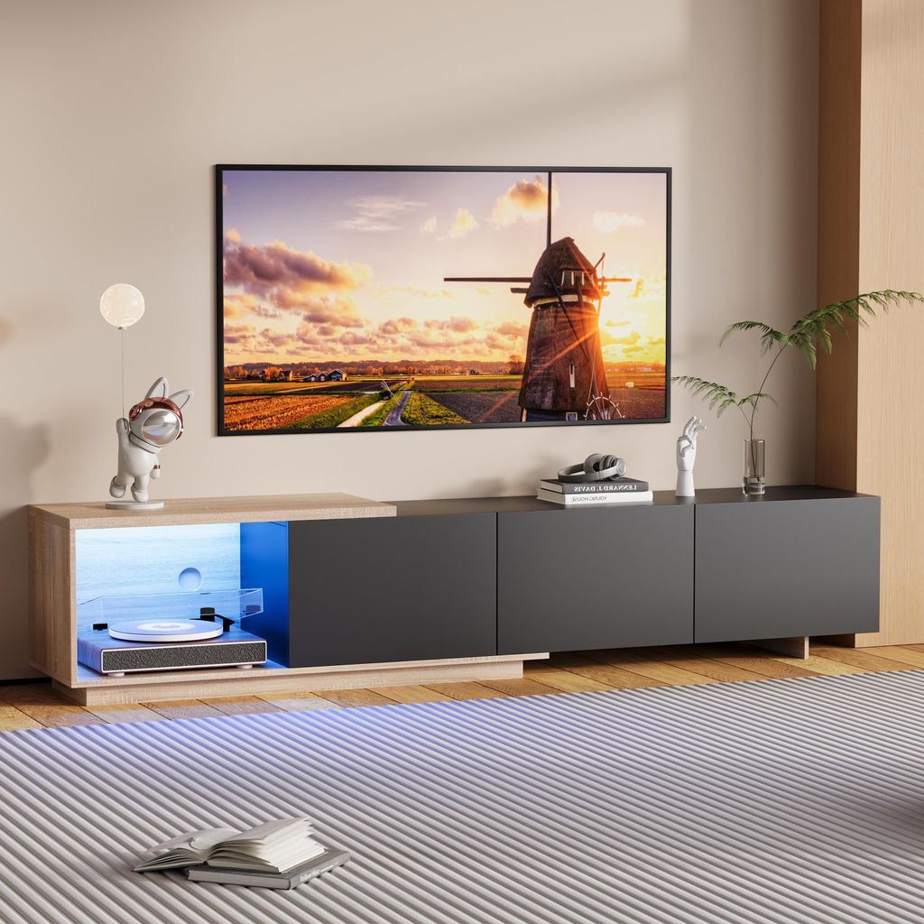 Ausziehbarer, 180 cm breiter, schwarzer TV-Schrank mit LED-Beleuchtung mit Sensor, dreifarbiger Beleuchtung, Schubladen mit Soft-Close-Funktion, br...