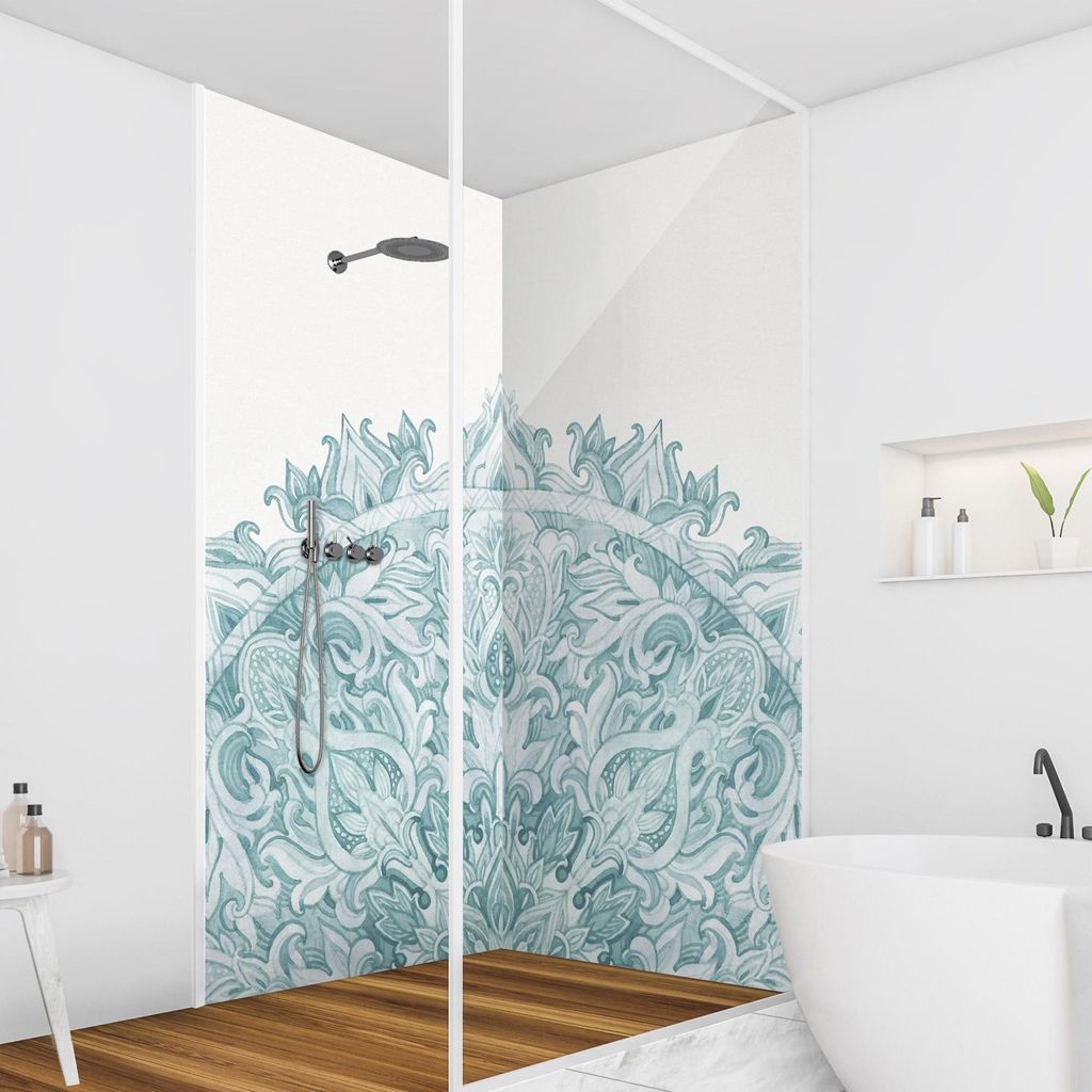 Duschrückwand Spirituell selbstklebend - 0.35 mm Wandpaneel wasserfest Ornament türkis Aquarell Badrückwand fugenlos Smart matt 90x190 cm