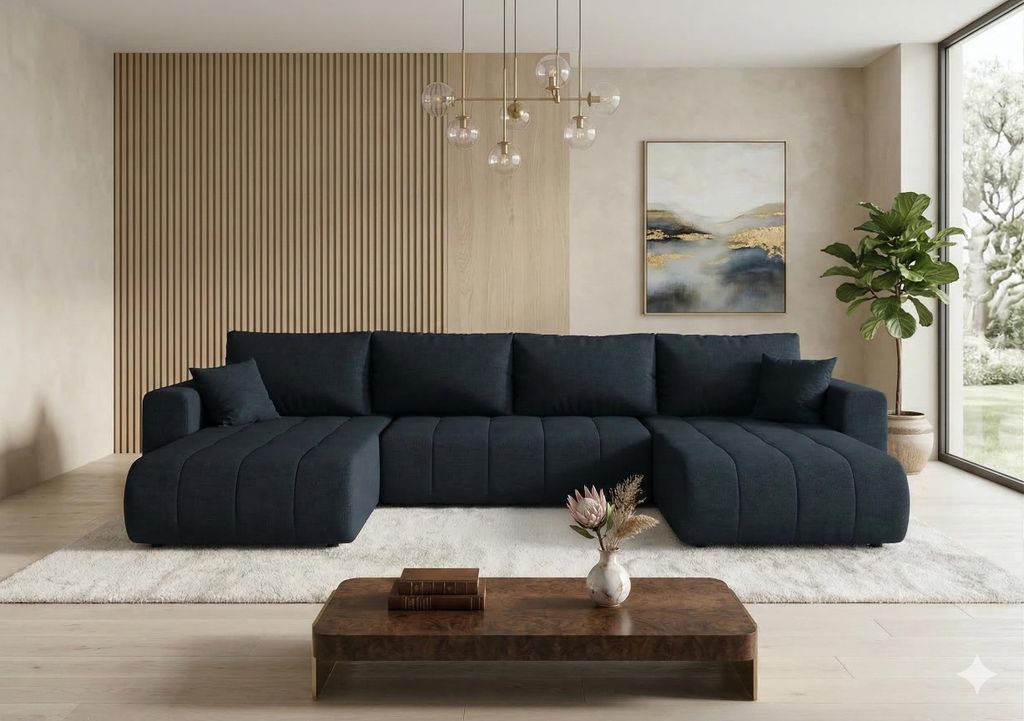 CORNERO Ecksofa LARA mit Schlaffunktion und Bettkasten Couch Sofa U-Form Eckcouch Wohnlandschaft mit Schlaffunktion Blau