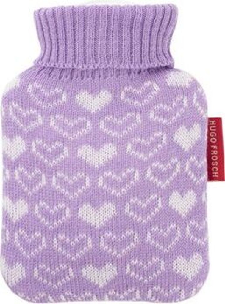 Mini Wärmflasche 0,2L,Kinder Wärmflasche,Bettflasche,Strickbezug,Herzen,Wärmflasche aus Gummi,lila