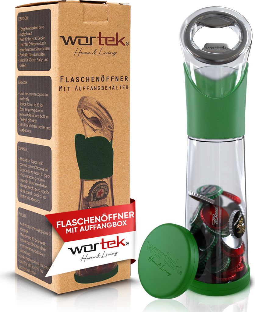 wortek Flaschenöffner mit Auffangbehälter Grün - Getränkeöffner Bieröffner Bierflaschenöffner Kronkorken Sammler Bar Küche Camping Zubehör...