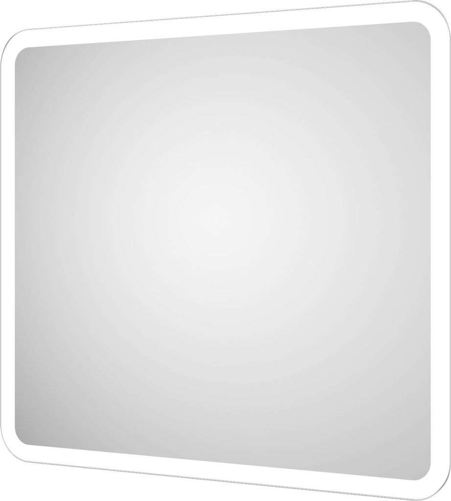 A product image of a rectangular bathroom mirror with rounded corners and integrated LED lighting around the edge.