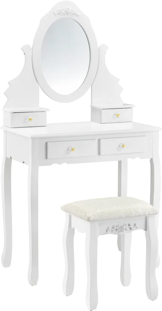 Table de maquillage complète avec miroir et pouf blanc design doré